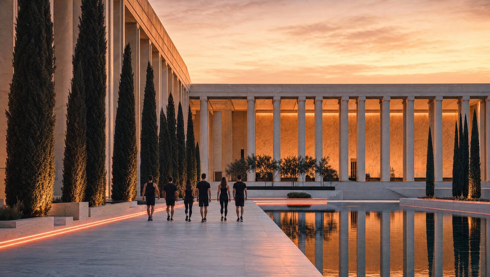 Illustration of a group walking together through a colonnaded courtyard at dusk.