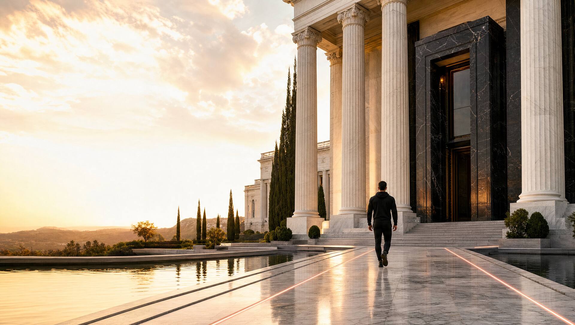 Illustration of a person in dark training gear walking toward a colonnaded marble hall at golden hour, coral light lines tracing the terrace.
